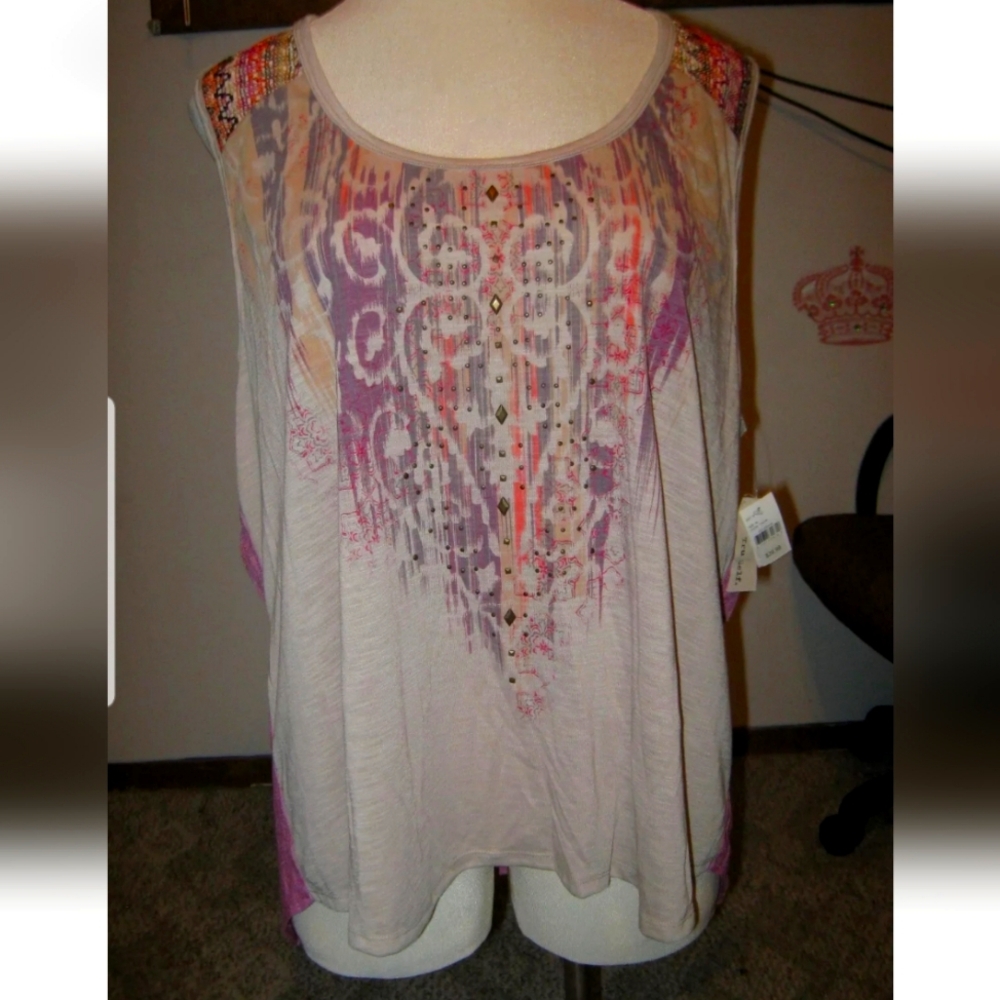 TRU SELF Tan Pink Purple Metal Rivet Chest Woven Back Hippie Unique Top 3X $40